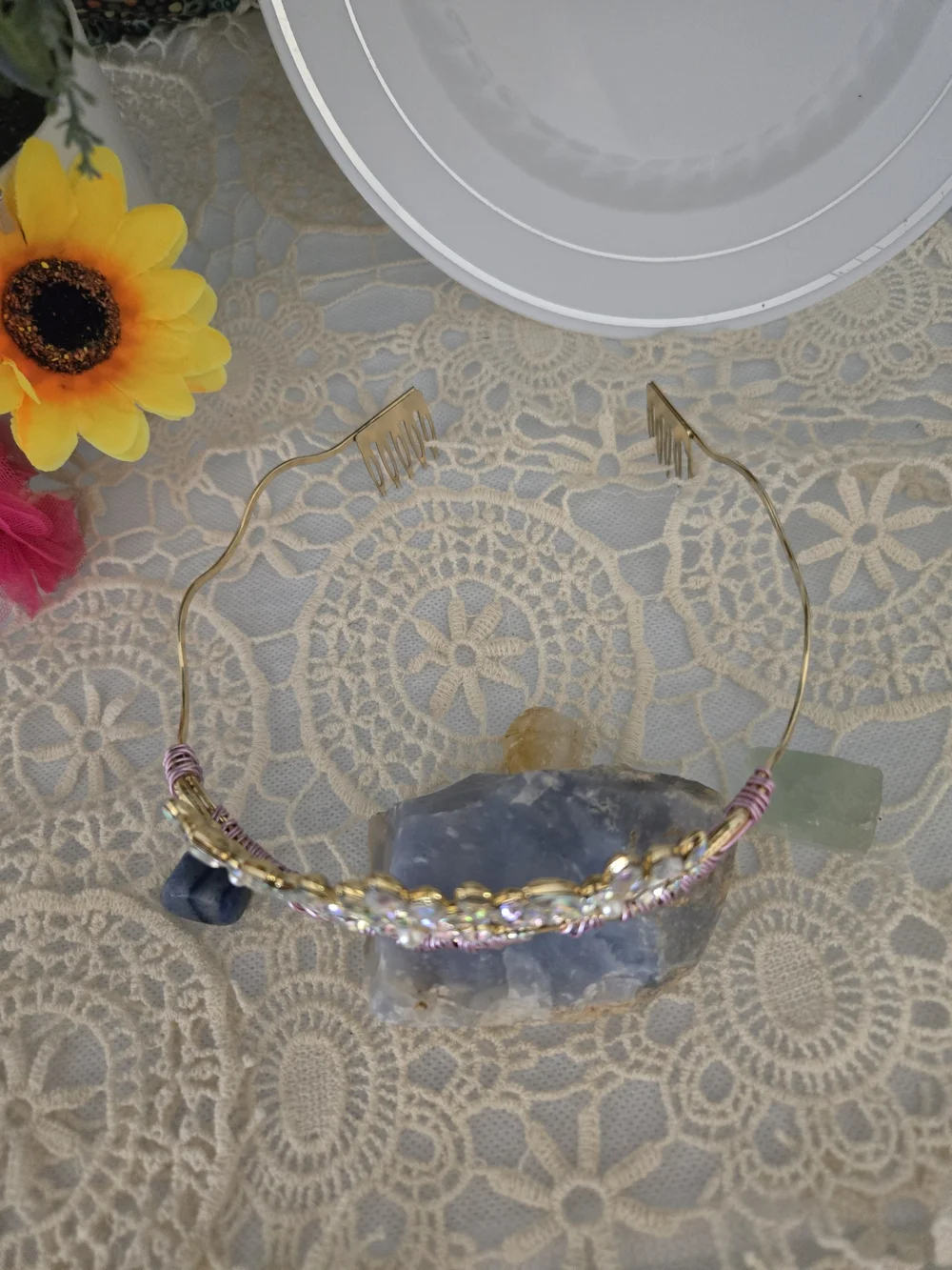 Handcrafted Crystal Leaf Tiara Headband Iridescent Pink Bridal Festival Crown